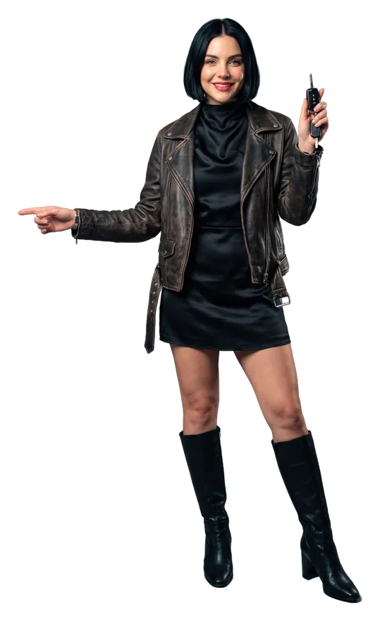 A woman with car keys, pointing at the guide signs