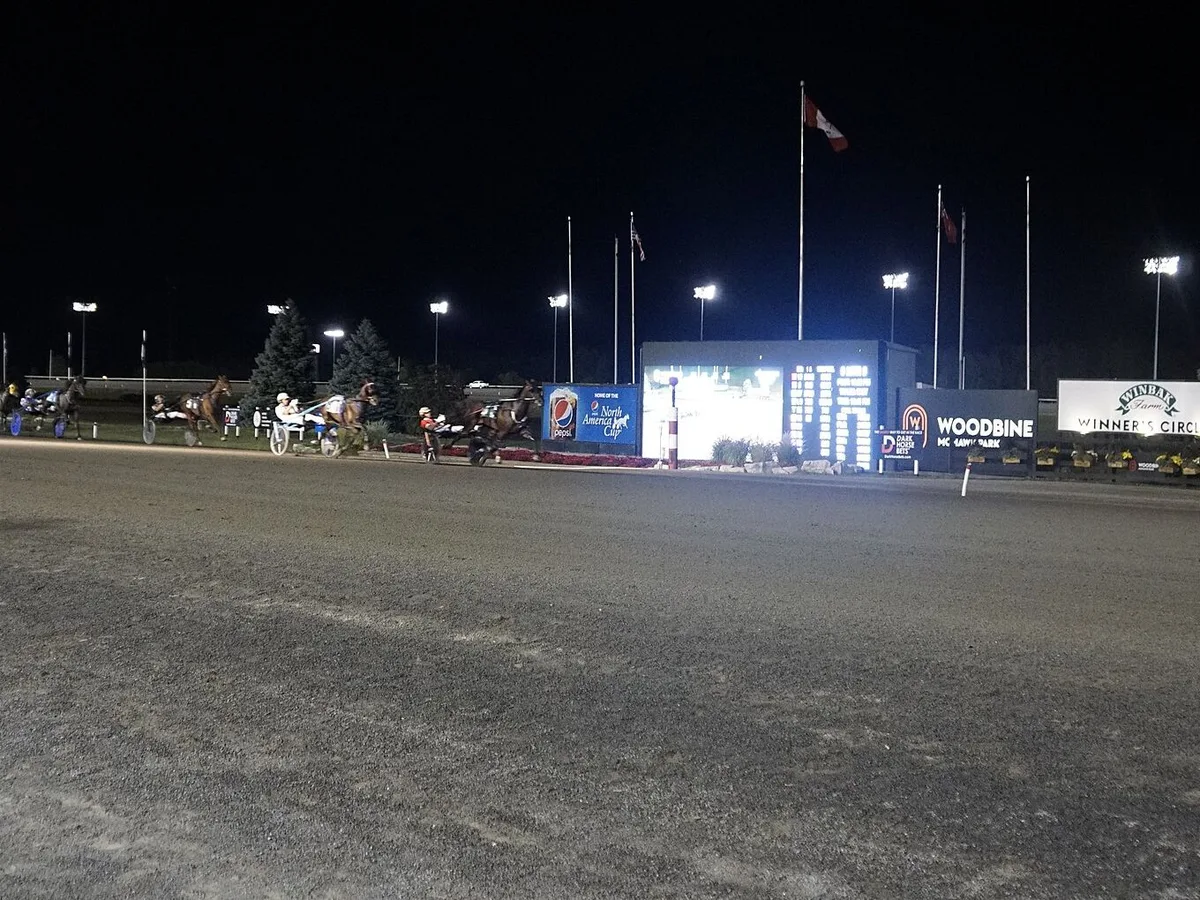 Woodbine Mohawk Park track and tote board at night