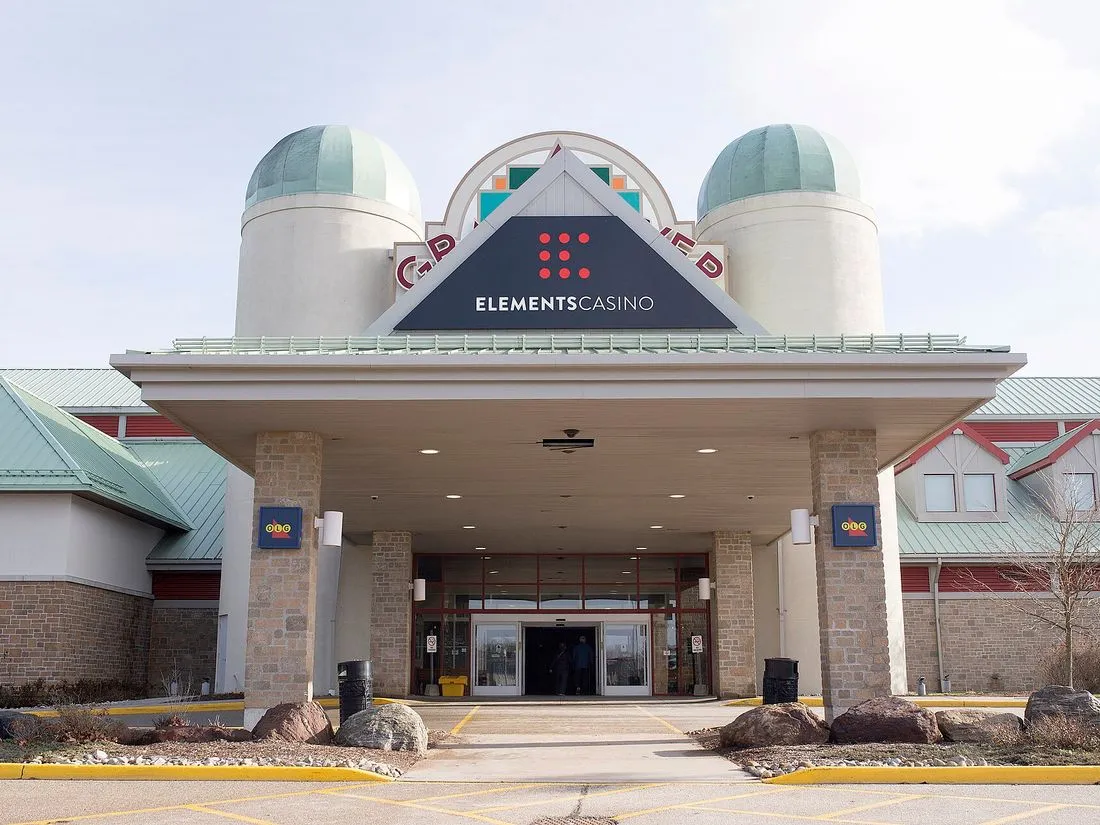 Elements Casino Grand River entrance between two silos