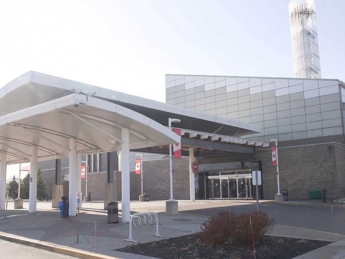 White entrance canopy of Elements Casino Brantford