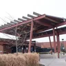 Red steel entrance canopy of Casino Ajax